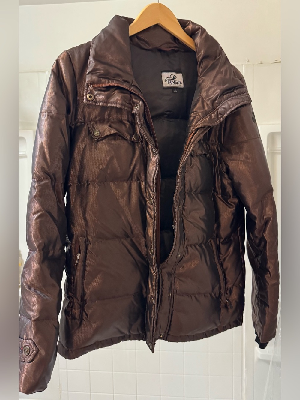 Puffer Jacket in Shiny Deep Chocolate Brown size Medium.